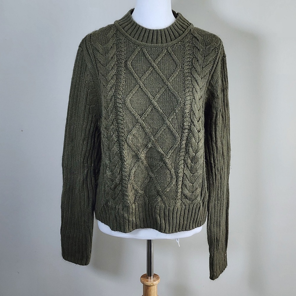 Tommy Hilfiger Cable Knit Sweater Womens Large Olive Green Crewneck Preppy Soft